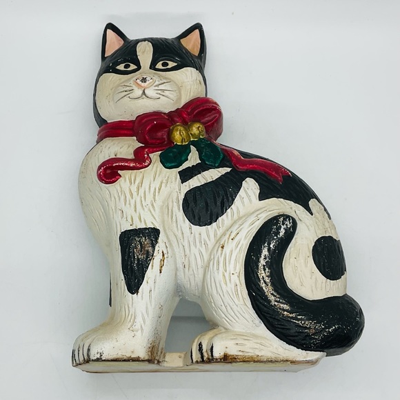 Vintage Cast Iron Doorstop Christmas Black & White Cat Farmhouse Kitchen Taiwan. - Picture 7 of 10